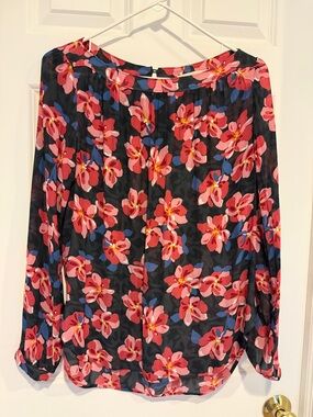 LOFT Black Blouse with Bright Pink Floral Print